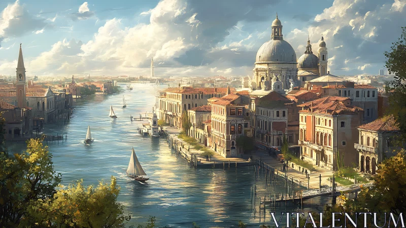 Sunlit Venetian canal with domes and sailing boats at dusk.