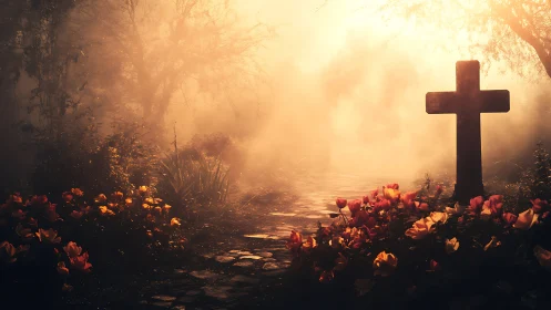 Sunlit graveyard cross amid glowing mist and flowers.
