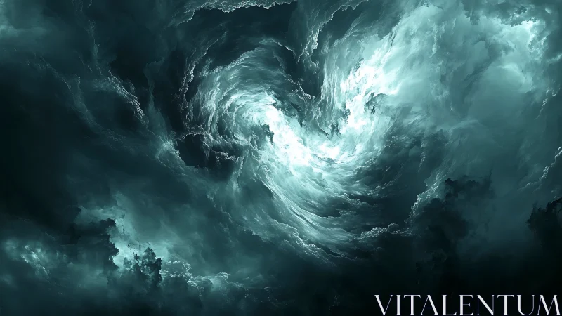 Storm-torn celestial vortex in luminous teal clouds.