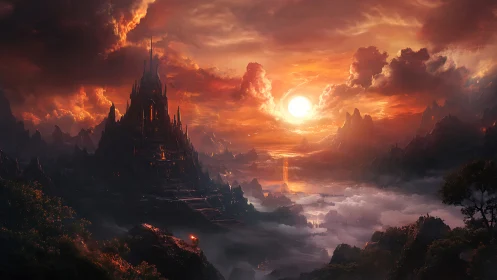 Fiery sunset crowns a mystical fortress above drifting clouds