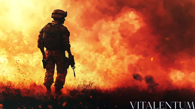 Lone soldier framed by blazing sunset of swirling fire.