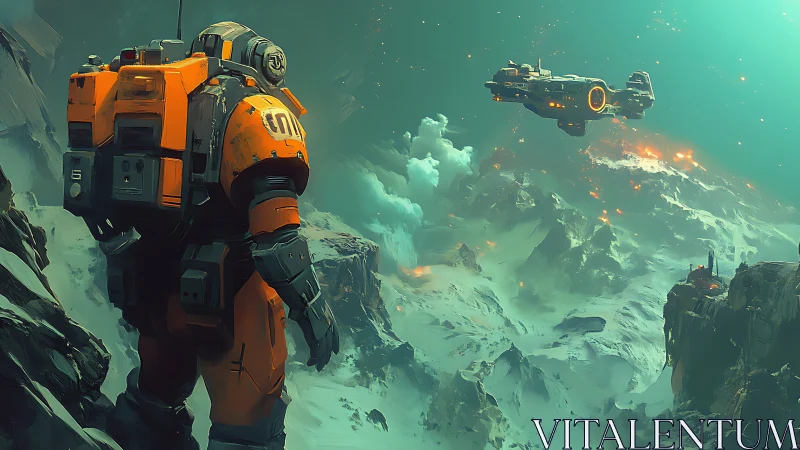 Solitary astronaut surveying volcanic ice world vista.