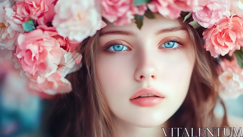 Girl portrait shows blue eyes framed by pink flower crown