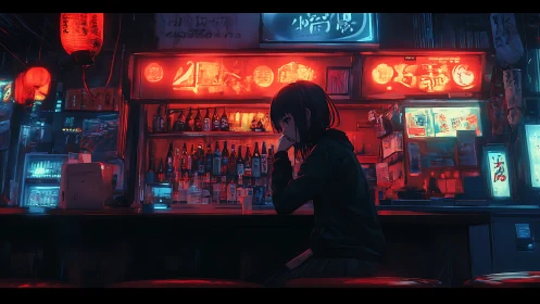 Neon ramen bar reverie with a lone night-thought girl.