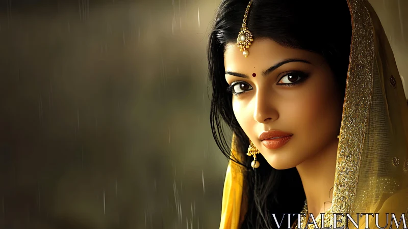 Golden shawl frames a calm, rainlit South Asian portrait