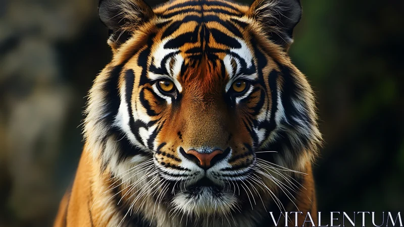 Tiger face centered in frame with sharp, high-contrast detail