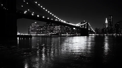 Midnight lights dancing across a calm city bridge view.