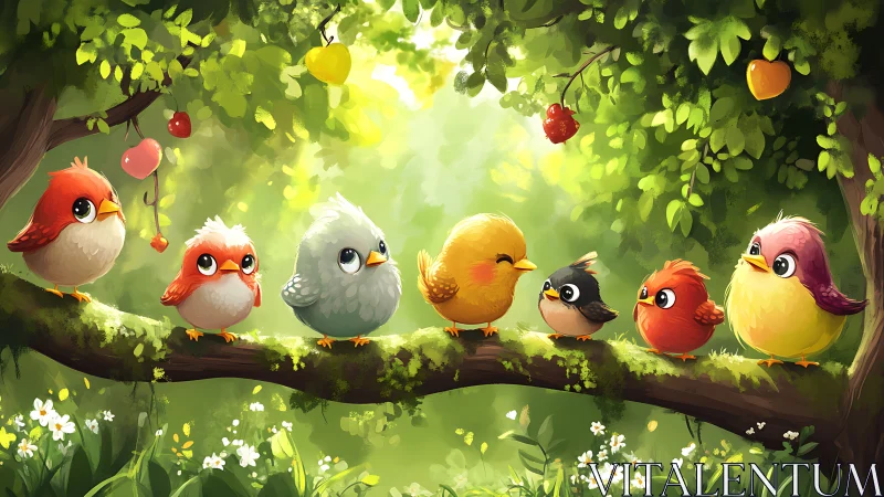 Adorable Cartoon Birds on a Tree Branch in Lush Forest Setting.