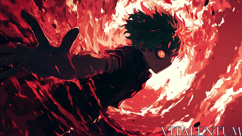 Anime boy stands amid swirling red fire and glowing embers