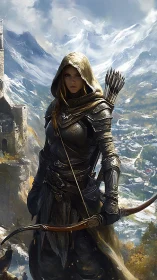 Hooded archer in leather armor before snowy mountain valley.