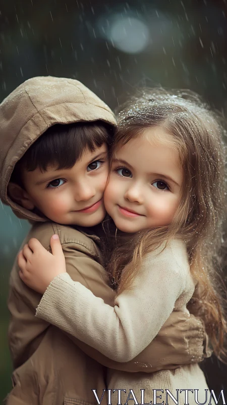 Two Young Children Share a Sweet Rainy Day Embrace Together