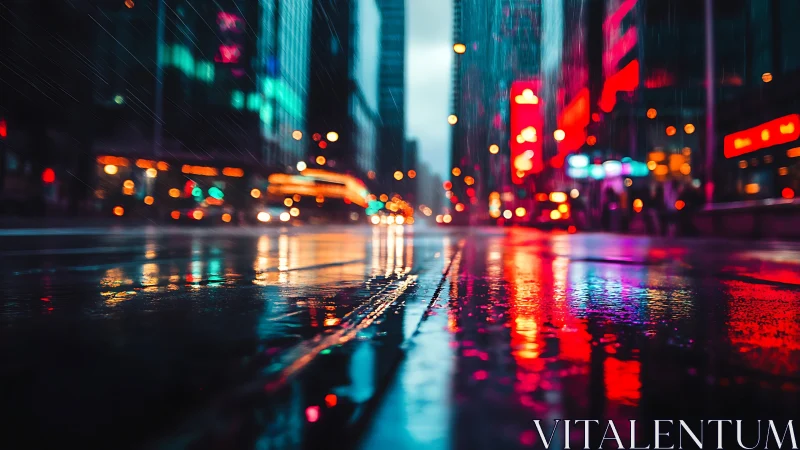 Wet urban street surface reflects defocused city light sources