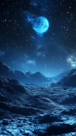 Lunar-lit alien canyon rendered in high-contrast digital 3D