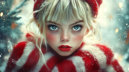 Hyper-detailed winter portrait renders stylized child with oversized eyes