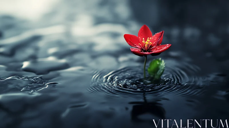 Single red flower stands in dark water with circular ripples