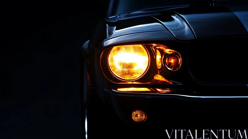 Close-up of illuminated classic car headlight in dark setting.