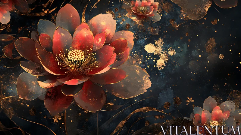 Luminous red lotus blossoms over deep cosmic night field.