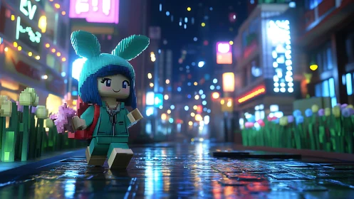 Playful bunny-hooded explorer wandering a neon city street.