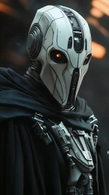 Cybernetic cloaked android rendered with cinematic realism