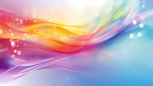 Prismatic wavefronts drift through luminous pastel skyscape.