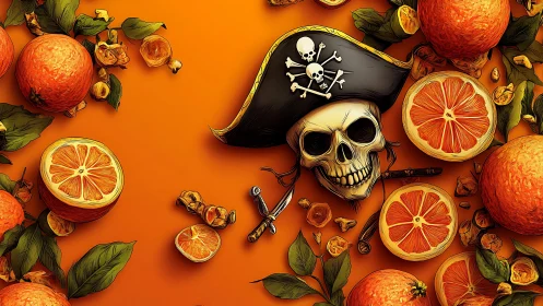 Pirate skull with oranges is arranged on vibrant orange background