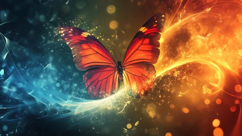Fiery butterfly glides between swirling blue and gold light.