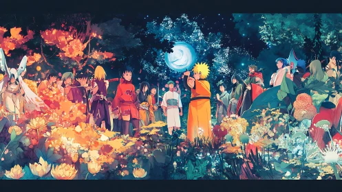 Anime forest gathering under glowing moonlit sphere.