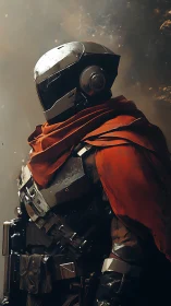 Lone armored ranger in red cloak under smoky light.