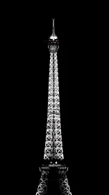 Monochrome Eiffel Tower night study on pure black field.