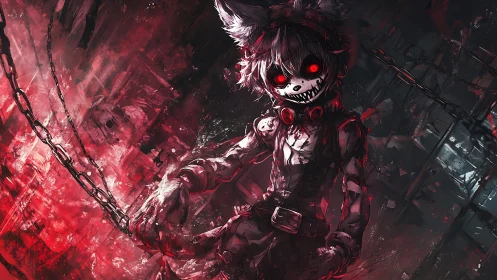 Demonic chain-wielding kemonomimi in crimson chaos.