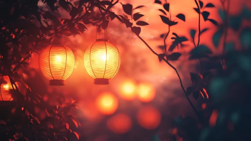 Lantern hearts drifting through a twilight garden hush.