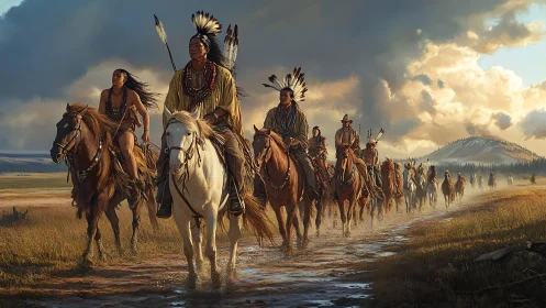 Indigenous riders on open plain under dramatic clouded sky.