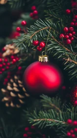 Crimson ornament glows amid winter pine, berries and cones.