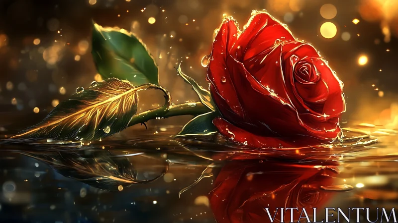 Crimson Rose Drowning in Liquid Gold Light.