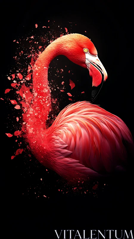 Crimson flamingo shatters into luminous petals of light.