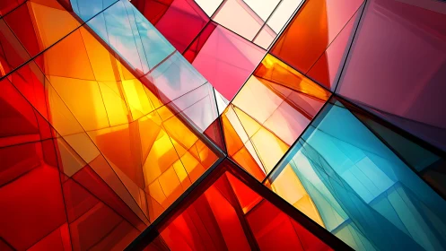 Abstract geometric stained glass with vivid red, orange, and blue hues.