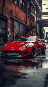 Widebody red sports coupe in rain-soaked industrial alley.