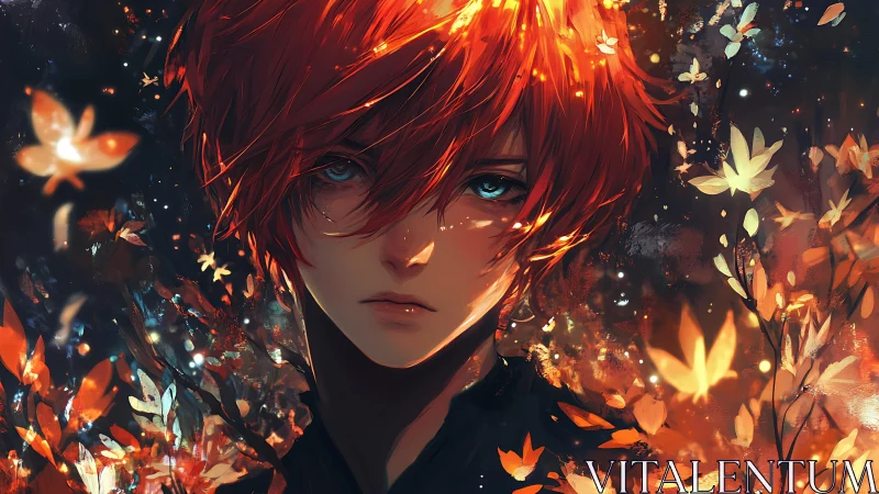Red haired youth stares ahead amid glowing butterflies