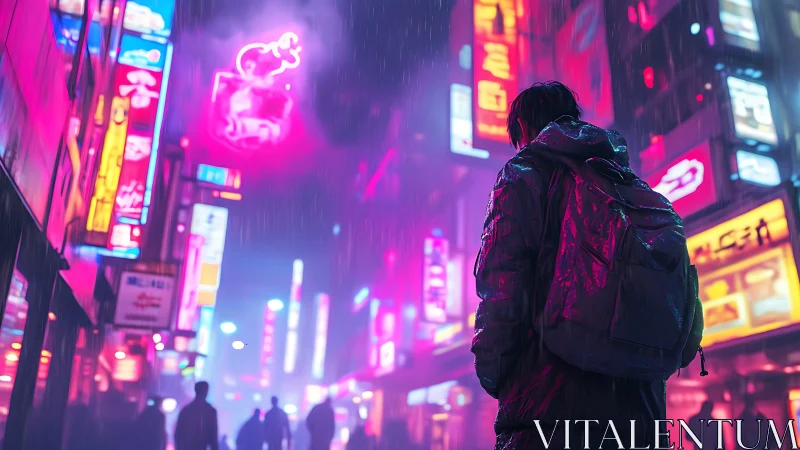 Nocturnal urban drifter under chromatic neon rainfall.