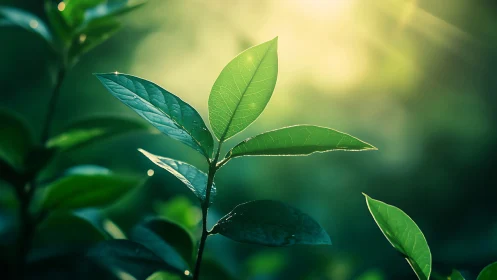 Sunlit Green Leaves in Nature, Soft Focus Botanical Photography.
