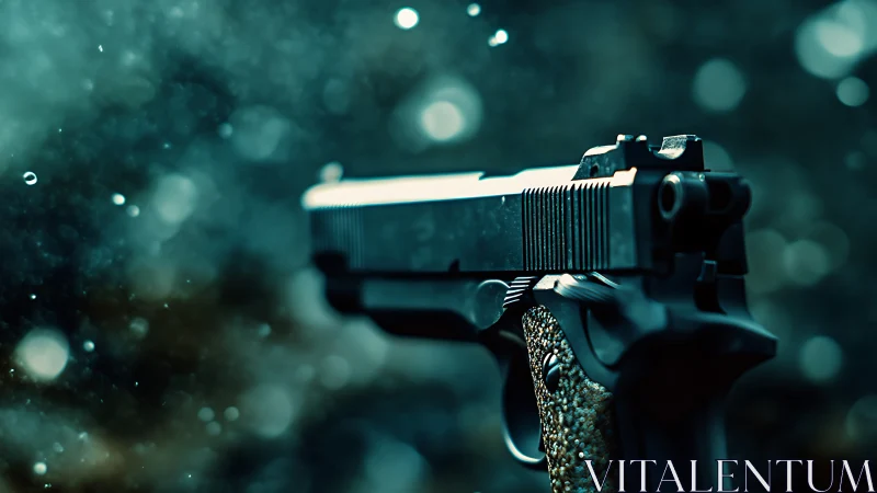 Midnight pistol suspended in glittering urban haze.