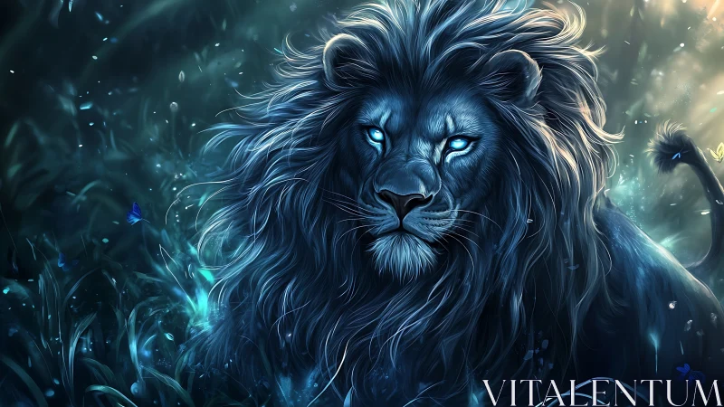 Luminous blue-eyed lion in bioluminescent nocturnal forest.