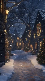 Snow-covered village lane with seasonal lights at night.