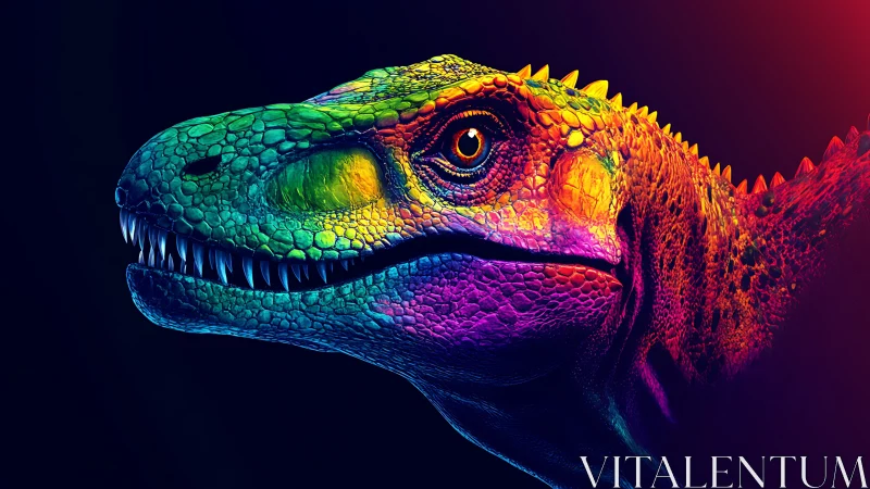 Neon dinosaur portrait glows with bold, rainbow-scaled charm