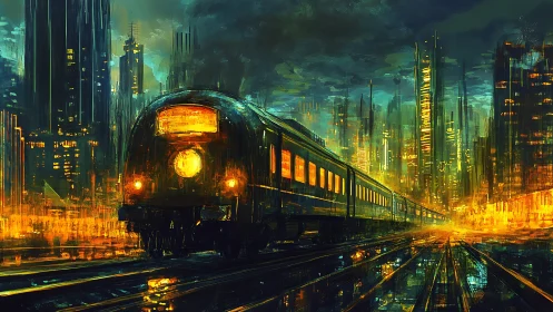 Futuristic passenger train in dense illuminated cityscape.