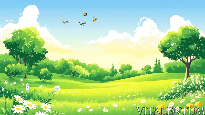 Bright green meadow with trees, wildflowers, and flying birds