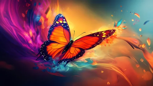 Vibrant orange butterfly crosses swirling neon color storm
