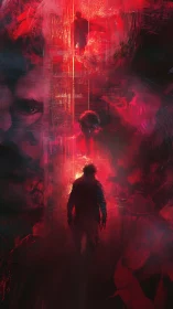 Silhouetted wanderer ascends through fiery red abstraction.