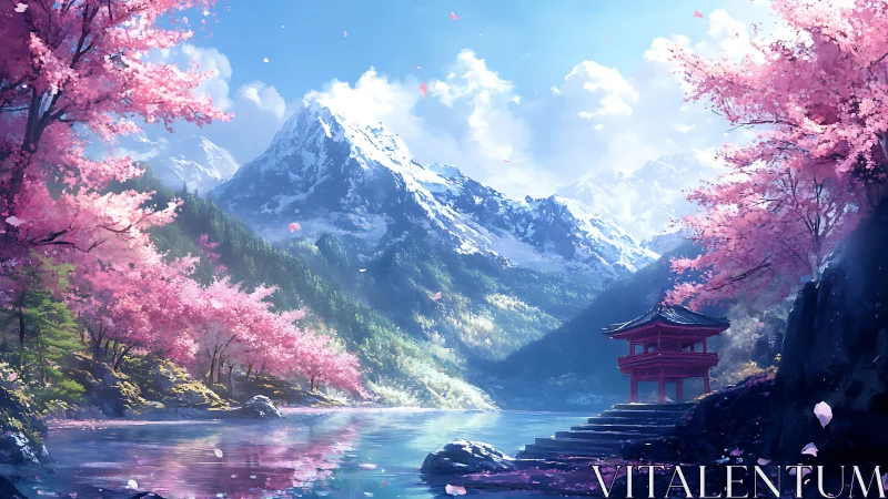 Mountain lake landscape with cherry blossoms and pavilion.