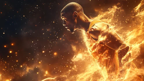 Fiery digital athlete sprinting through glowing embers.